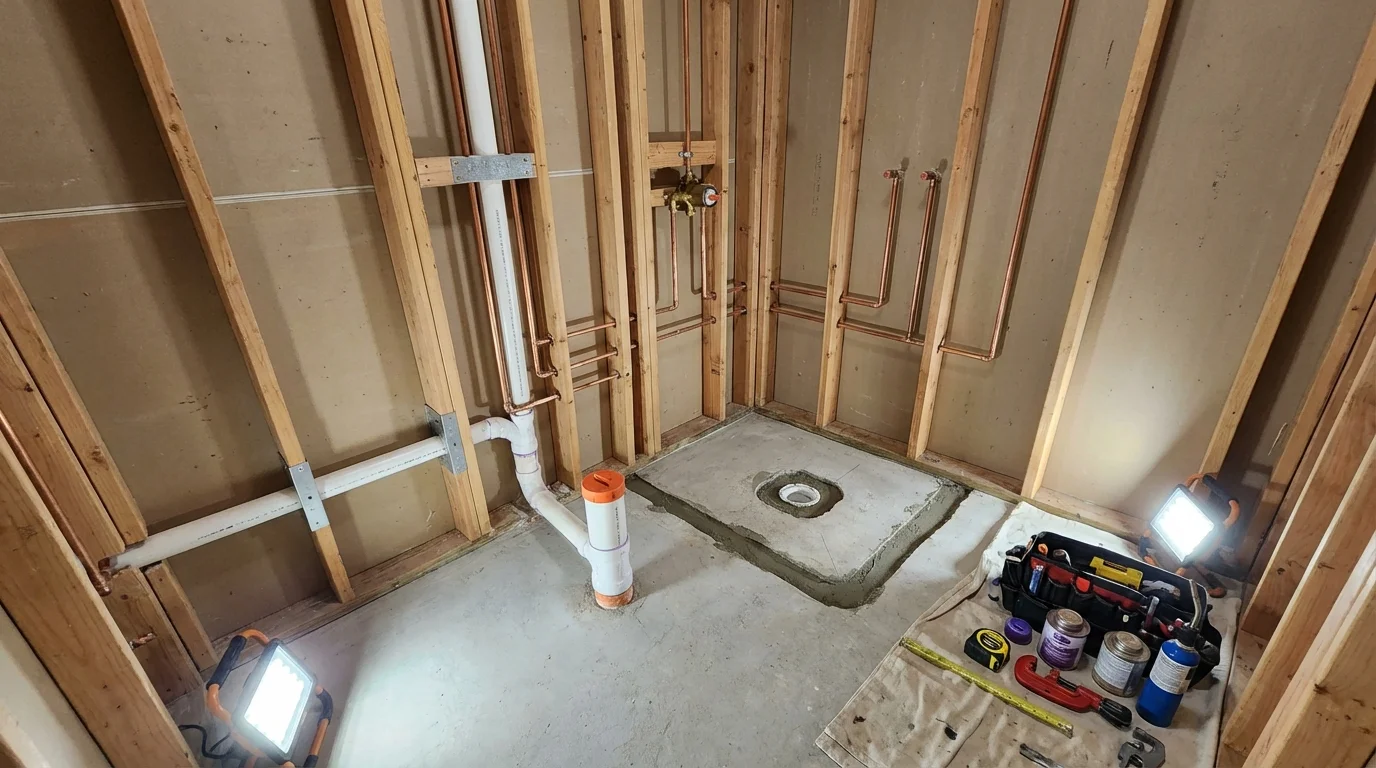 Bathroom rough-in plumbing during remodel by Johns Plumbing LLC in Eagle River