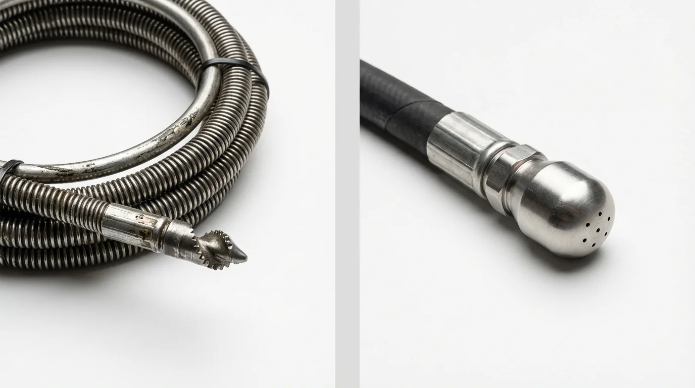 Drain snake cable and hydro jetting nozzle used for drain cleaning in Eagle River, WI