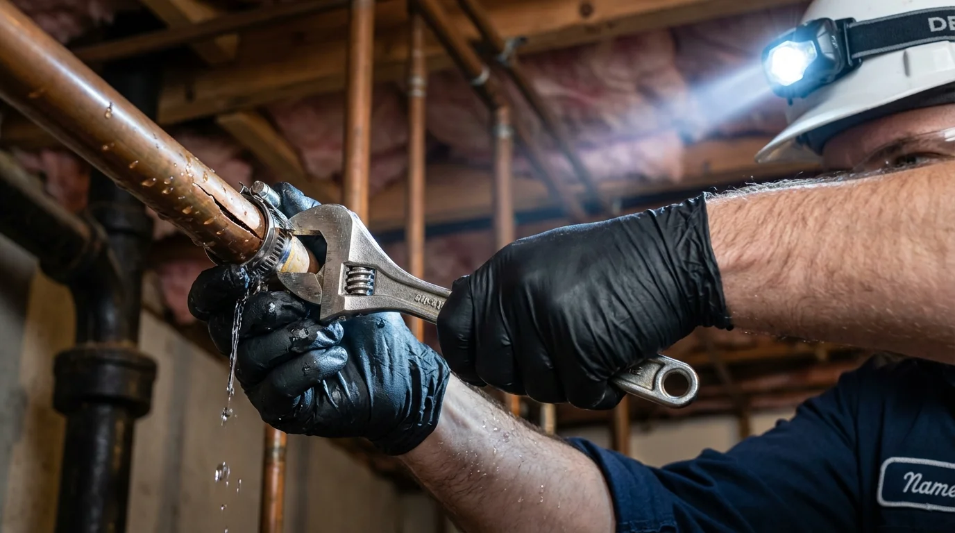 Emergency pipe clamp repair being performed by a Johns Plumbing LLC plumber in Eagle River