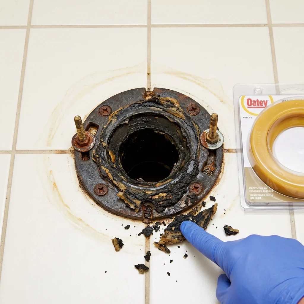Failed wax ring showing water seepage at the base of a toilet in a Eagle River, WI home